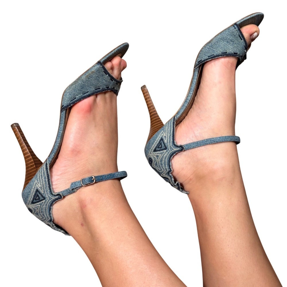 Y2K Subversive Denim Embroidered Heeled Sandals Blue Ankle Strap Size 8.5M